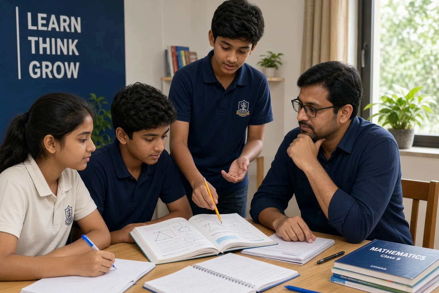 School-age learners with textbooks while a classmate explains a solution