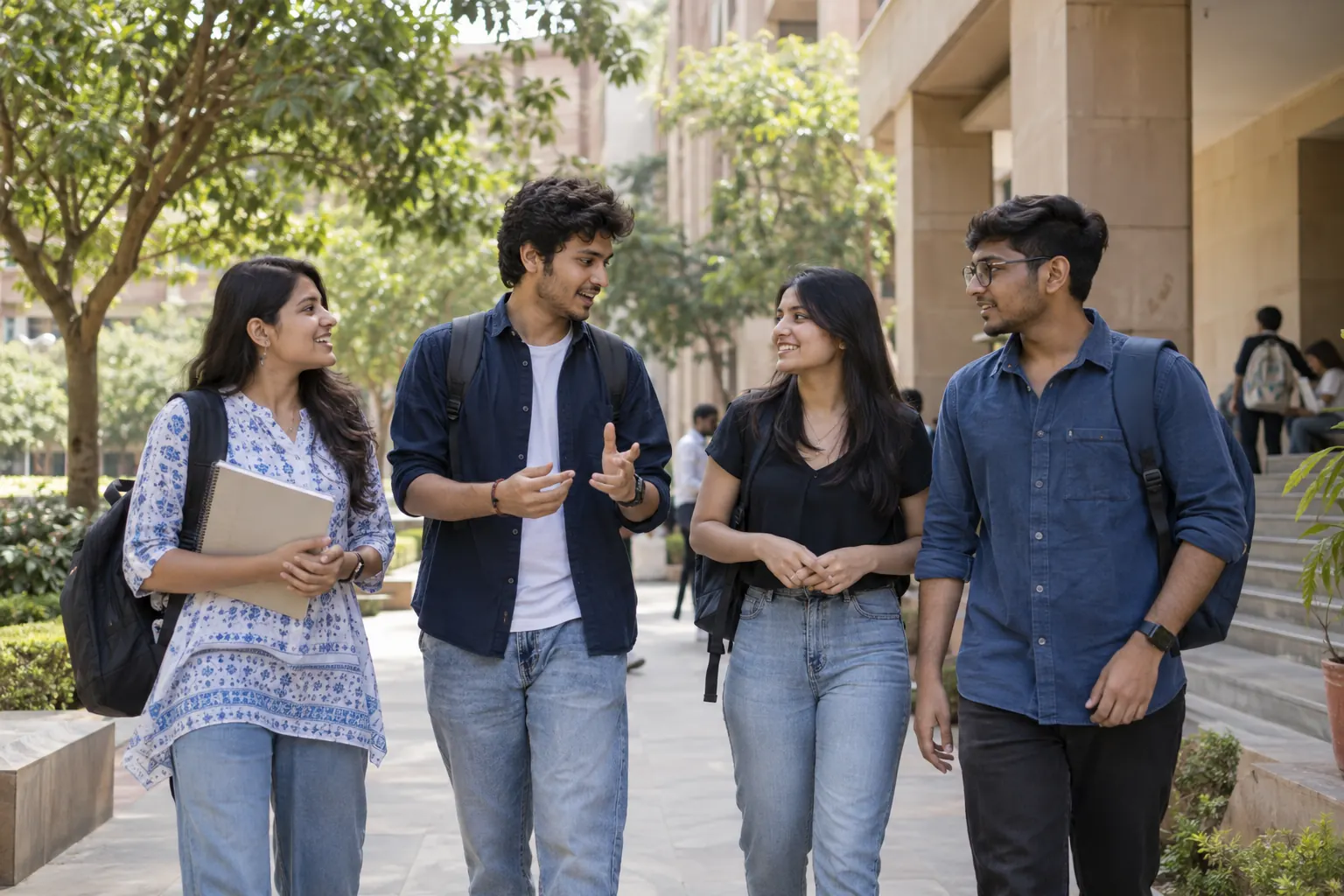 College students with backpacks and notebooks walking and talking on campus