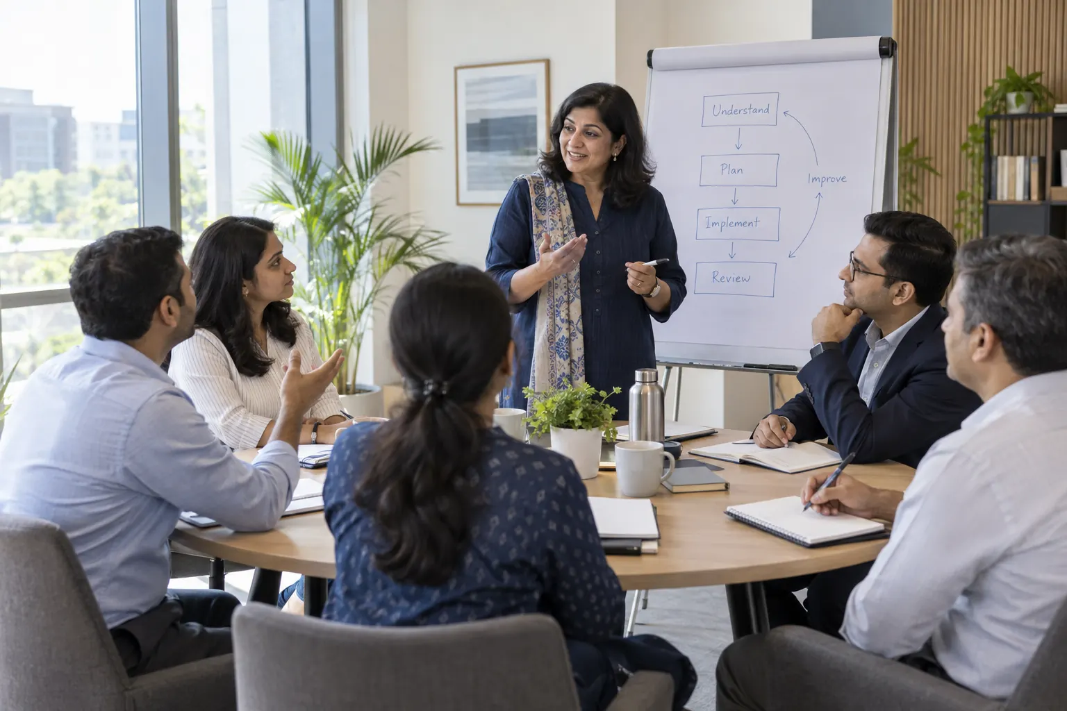 Employed adults in a role workshop reviewing a process board
