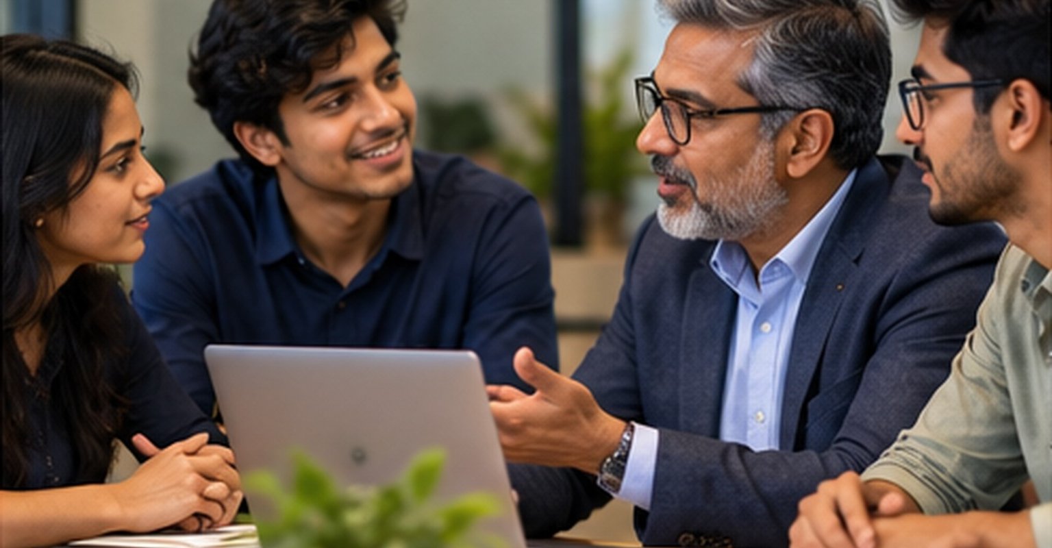 Graduates reviewing professional work together